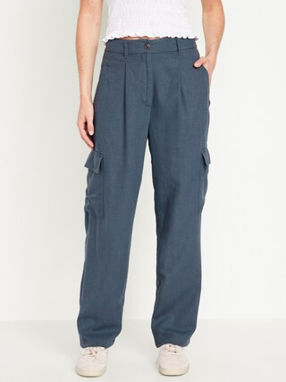 High-Waisted Linen-Blend Cargo Straight Pants for Women | Old Navy (US)