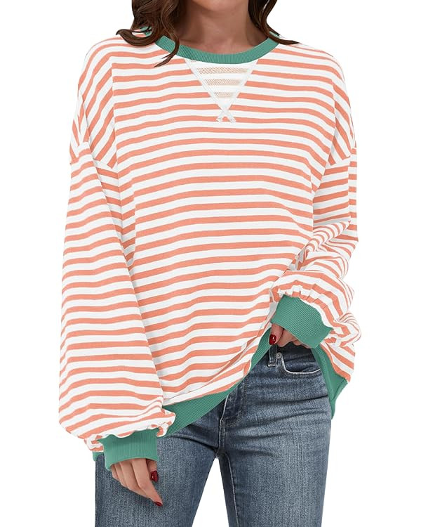 ANRABESS Women Striped Sweatshirts Oversized Crewneck Long Sleeve Shirts Y2K Pullover Top 2025 Fa... | Amazon (US)