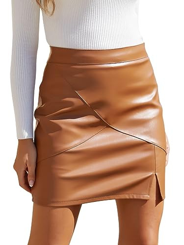 We1Fit Falda de piel Fuax para mujer, de cintura alta, entallada, minifalda con pantalones cortos | Amazon (US)