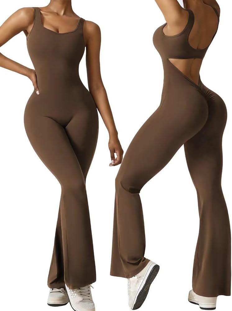 Vertvie Women Sleeveless Flare Jumpsuits Sexy Backless Tank Tops Bodycon Scrunch Butt Yoga Romper... | Amazon (US)