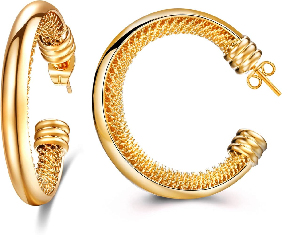 LBJIE Hoop Earrings,Chunky Gold Hoop Earrings 14K Gold Plated Tube with 925 Sterling Silver Post ... | Amazon (US)