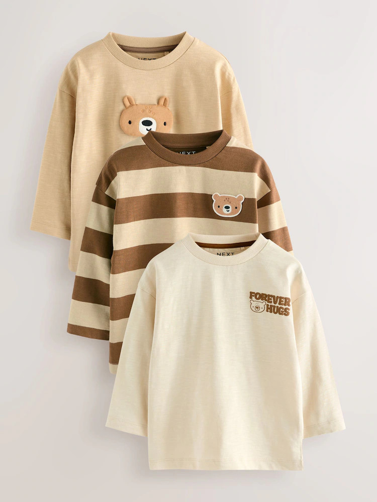 Brown Bear Long Sleeve Appliqué T-Shirts 3 Pack (3mths-7yrs) | Next US