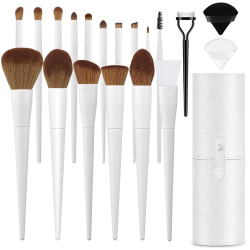 LUXBRU Makeup Brushes With Case 20PCs Professional Makeup Brush Set, Foundation Powder Eyeshadow Brush Set Eyebrow Concealer Contour Travel Brushes Kit with Holder & 2 Powder Puff-White | Amazon (US)