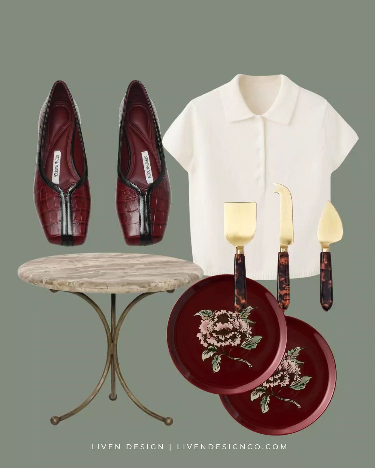 New discoveries. Croc embossed flats. Burgundy ballet flats. Steve Madden. Short sleeve polo sweater. Tortoiseshell cheese knives. Fall dinnerware. Burgundy floral plates. Pedestal marble side accent table 

#LTKSeasonal #LTKHome #LTKSaleAlert