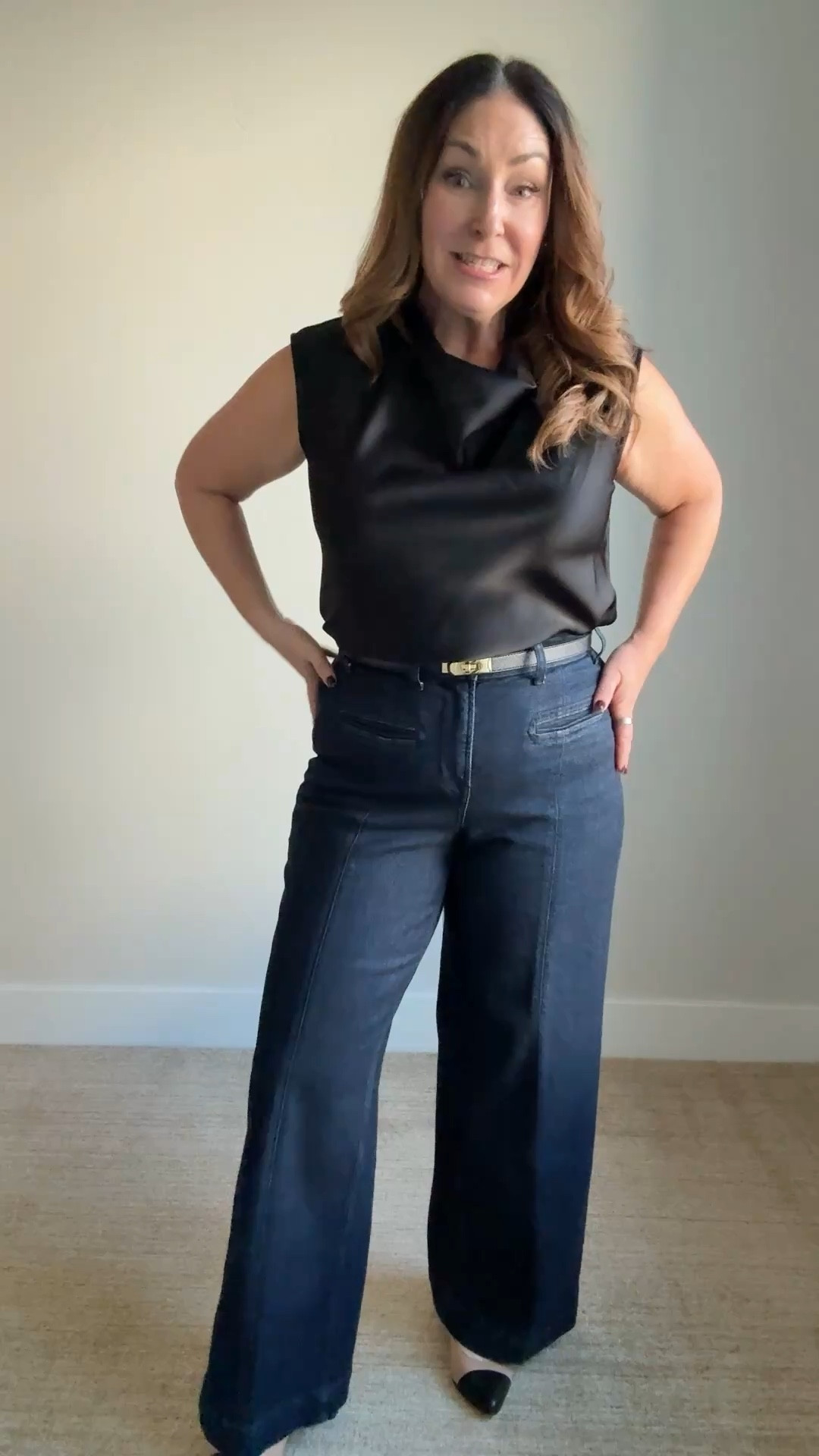 Dressy casual outfit with @spanx SPANXshape™ Authentic 360 Wide Leg Trouser Jeans and Silky Smooth Cowl Neck Sleeveless Top

- Jeans run small so size up if in-between wearing Large Petite but little snug. Blouse tts, L

New customers use code RYANNEXSPANX for 10% off and free shipping 

#SpanxPartner #Spanx 

#LTKMidsize #LTKOver40 #LTKSeasonal