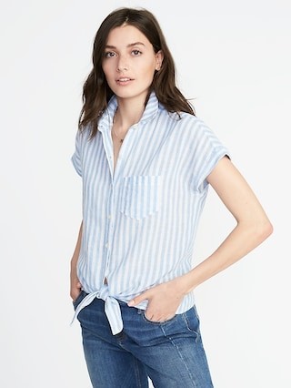 Relaxed Tie-Front Linen-Blend Shirt for Women | Old Navy US
