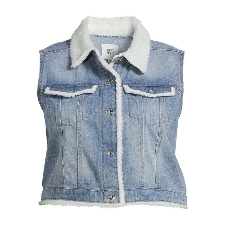 Madden NYC Juniors Plus Size Faux Sherpa Denim Vest, Sizes 1X-4X | Walmart (US)