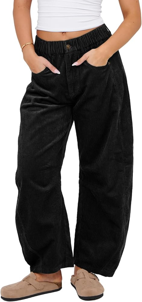 Lviefent Womens Mid Rise Cord Barrel Jeans Casual Baggy Wide Leg Corduroy Cropped Ankle Pants wit... | Amazon (US)