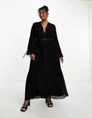ASOS DESIGN Curve pleated blouson sleeve midi dress with belt detail in black | ASOS | ASOS (Global)