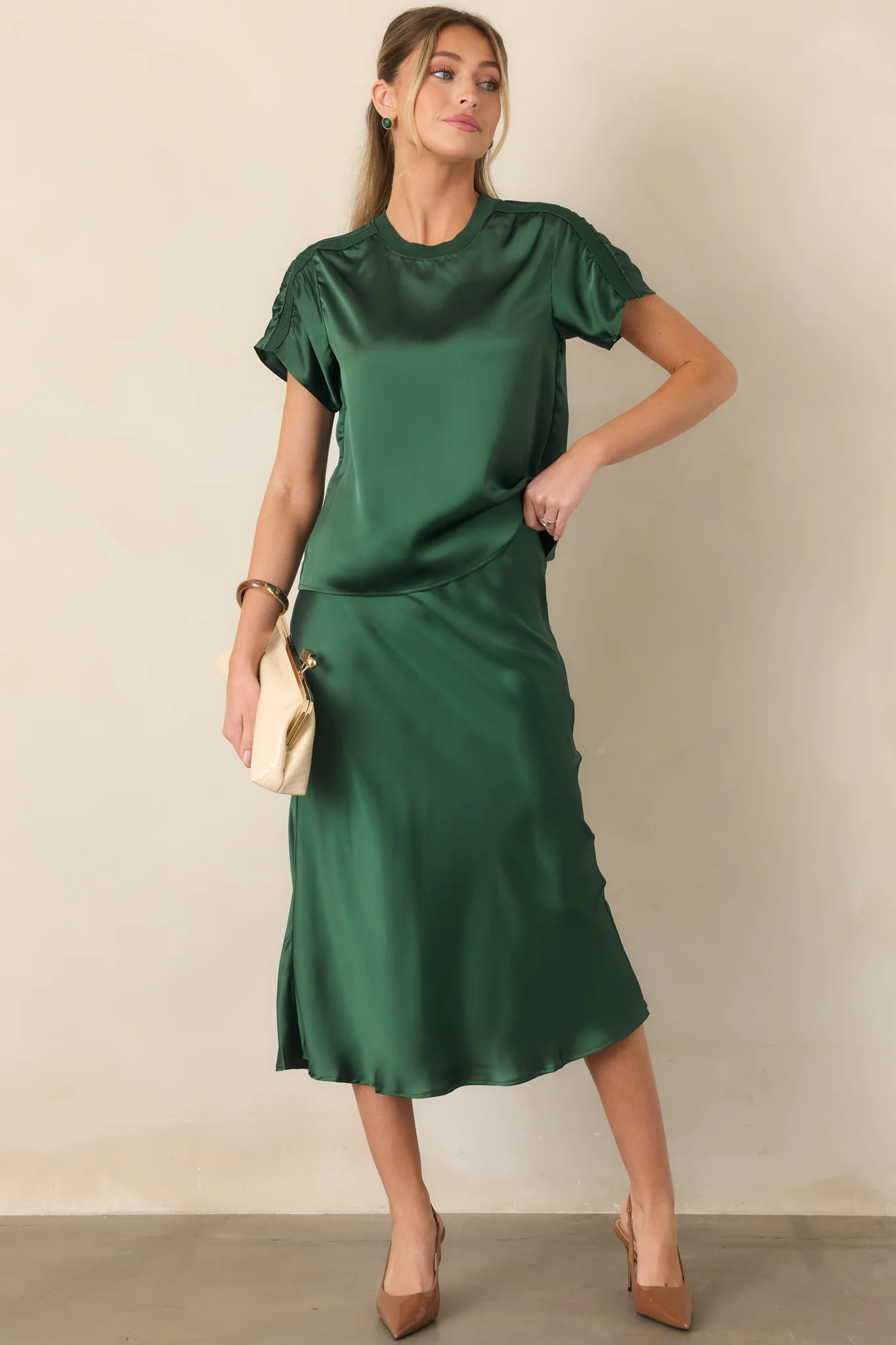 Vibe Check Emerald Green Satin Contrast Trim Top | Red Dress