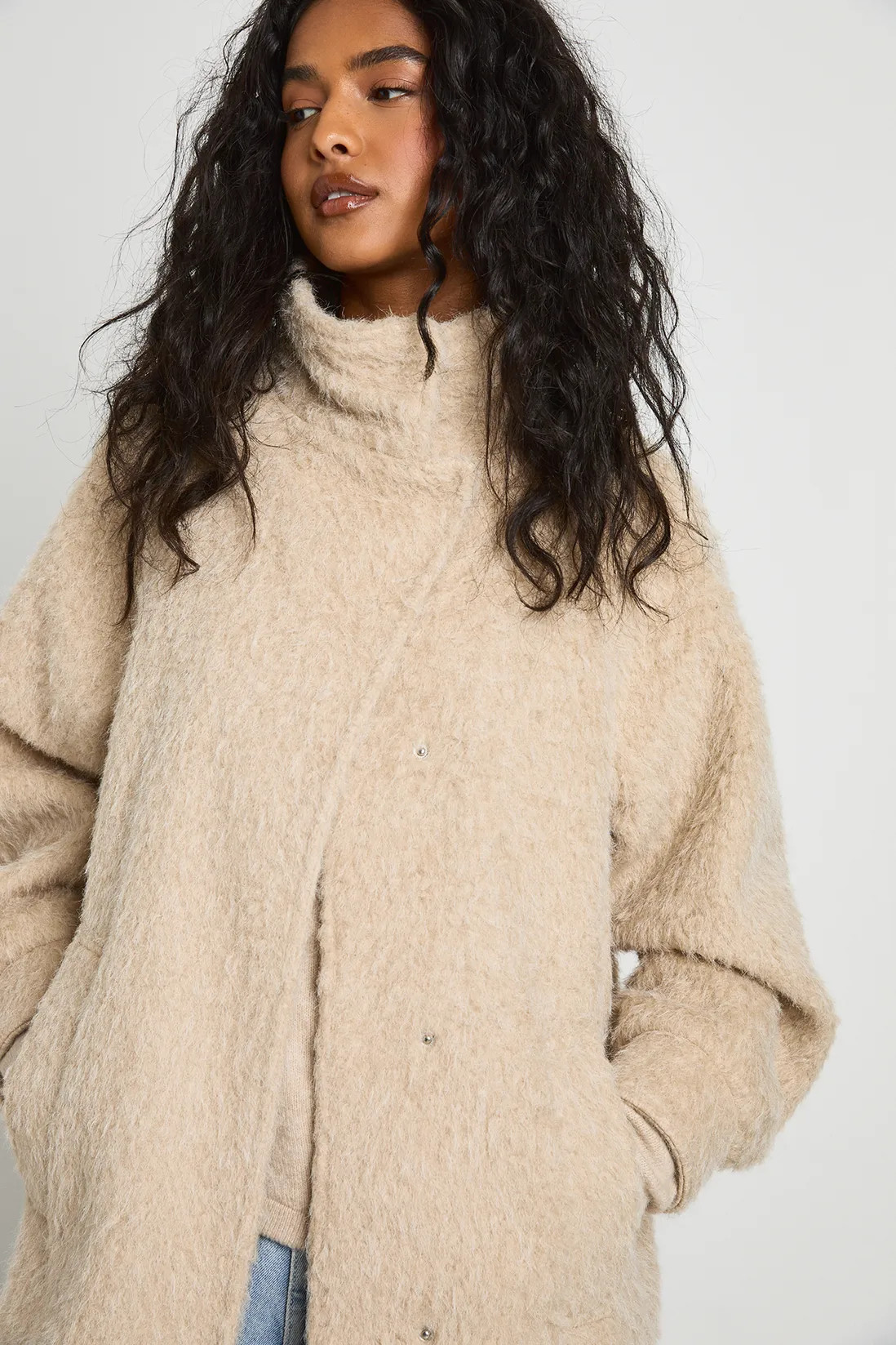 Funnel Neck Textured Wool Look Coat | Boohoo.com (UK & IE)