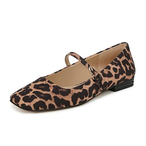 DOEYG Leopard Print Flats Shoes for Women Animal Print Cheetah Mary Jane Ballet Flats Shoes Square Toe Dress Casual Comfortable Ballerina Shoes with Buckle Strap Size 8.5 | Amazon (US)
