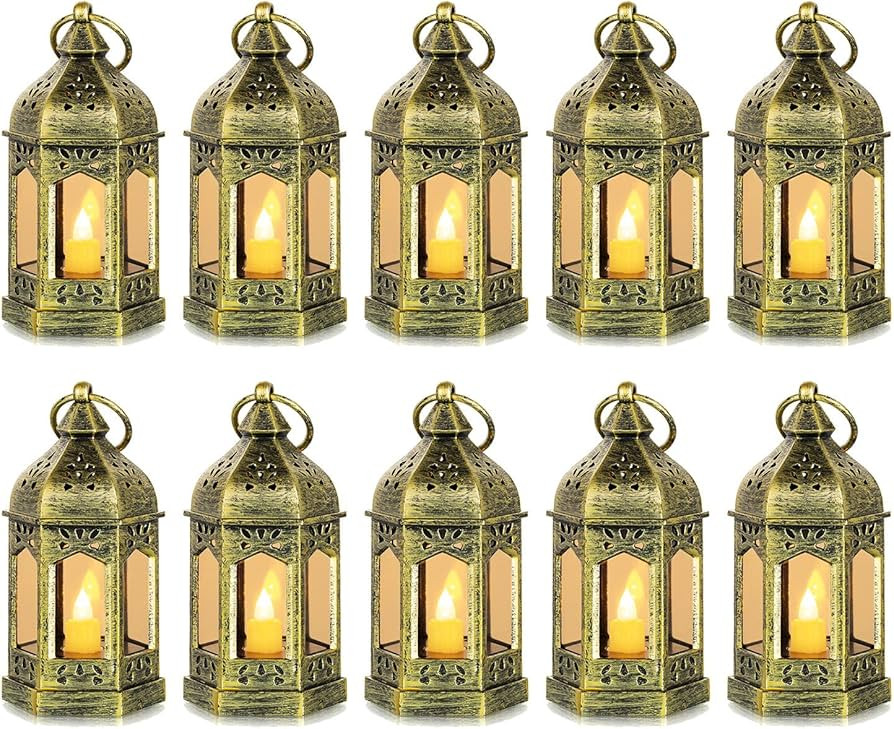 Romadedi Mini Lanterns Decorative for Centerpiece: 10pcs Hanging Small Gold Lantern Bulk with Fli... | Amazon (US)