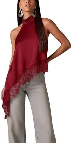 Women Satin Halter Top Y2K Mock Neck Lace Trim Asymmetrical Hem Tank Top Sleeveless Going Out Cro... | Amazon (US)