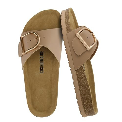 CUSHIONAIRE Leeds Sandals for Women, Slip On Big Buckle Slide Womens Sandals with Memory Foam Footbed, Comfortable Summer Footwear, NUDE 9 | Amazon (US)