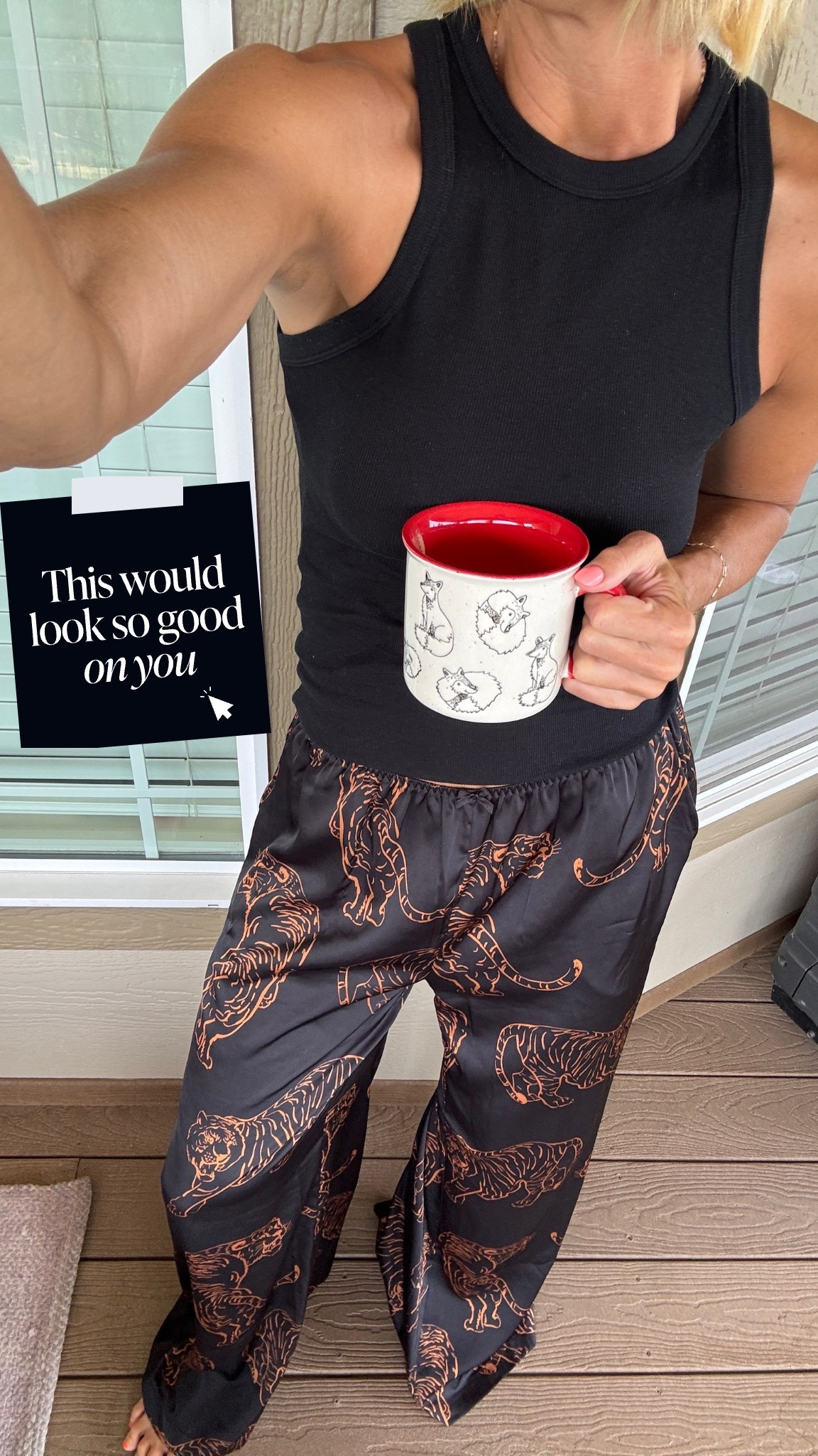 Caffeine + cozy, but make it fierce 🐅☕️ These silky tiger-print pajama pants are weekend goals. True to size—I’m in a medium! #LTKFallStyle #CozyChic #BougieOnABudget #LTKFinds 

#LTKOver40 #LTKTravel #LTKFindsUnder50