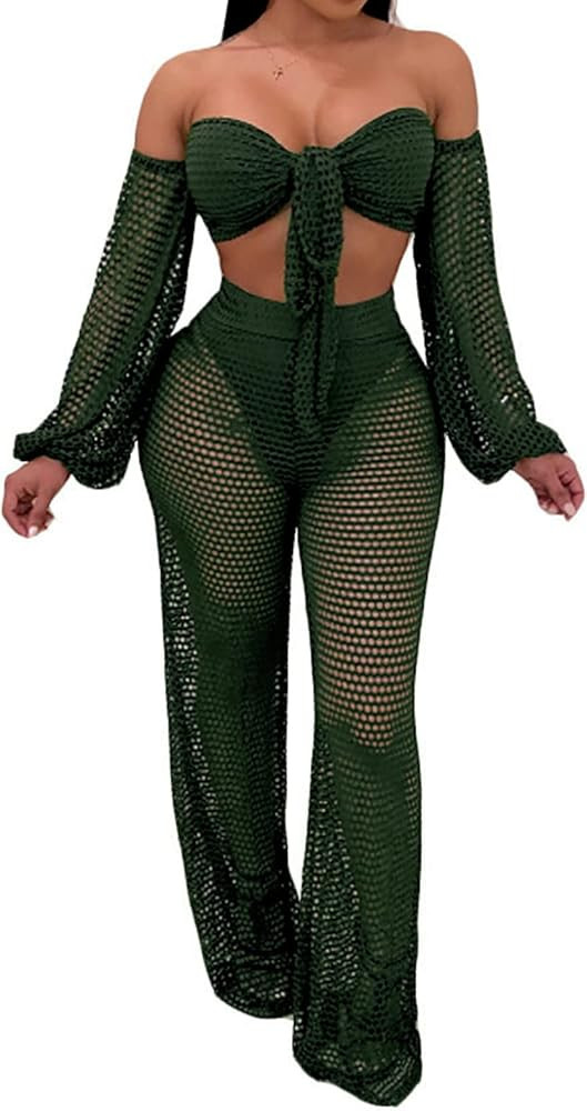 Women's Elegant Two Piece Outfits Sexy Floral Off Shoulder Long Straight Pants Sets Swimsuit Cove... | Amazon (US)