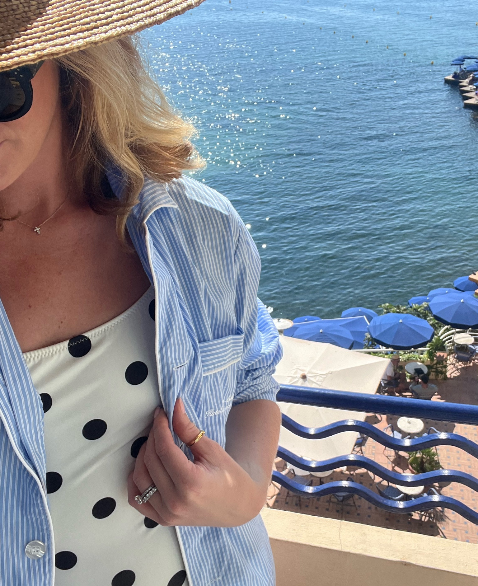 Sporty and rich hotel du cap Eden roc blue striped shirt and solid and striped black and white polka dot one piece 

#LTKTravel #LTKSeasonal #LTKSwim