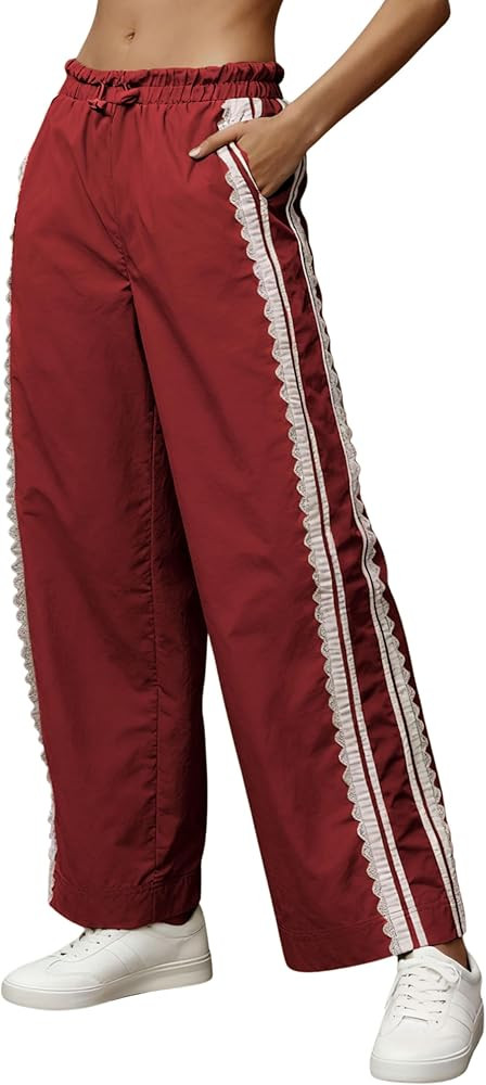 Women Baggy Track Pants Lace Side Stripe Drawstring Elastic Waist Wide Leg Parachute Pants with P... | Amazon (US)