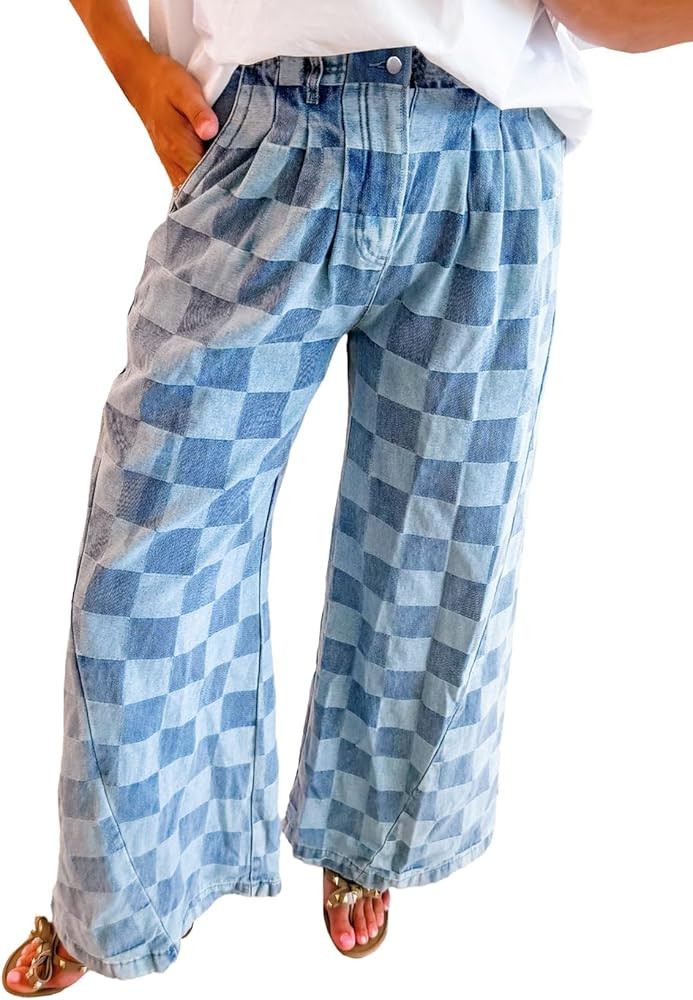 Melliflo Women Loose Wide Leg Straight Plaid Denim Pants Casual High Wasit Checkered Baggy Jeans ... | Amazon (US)