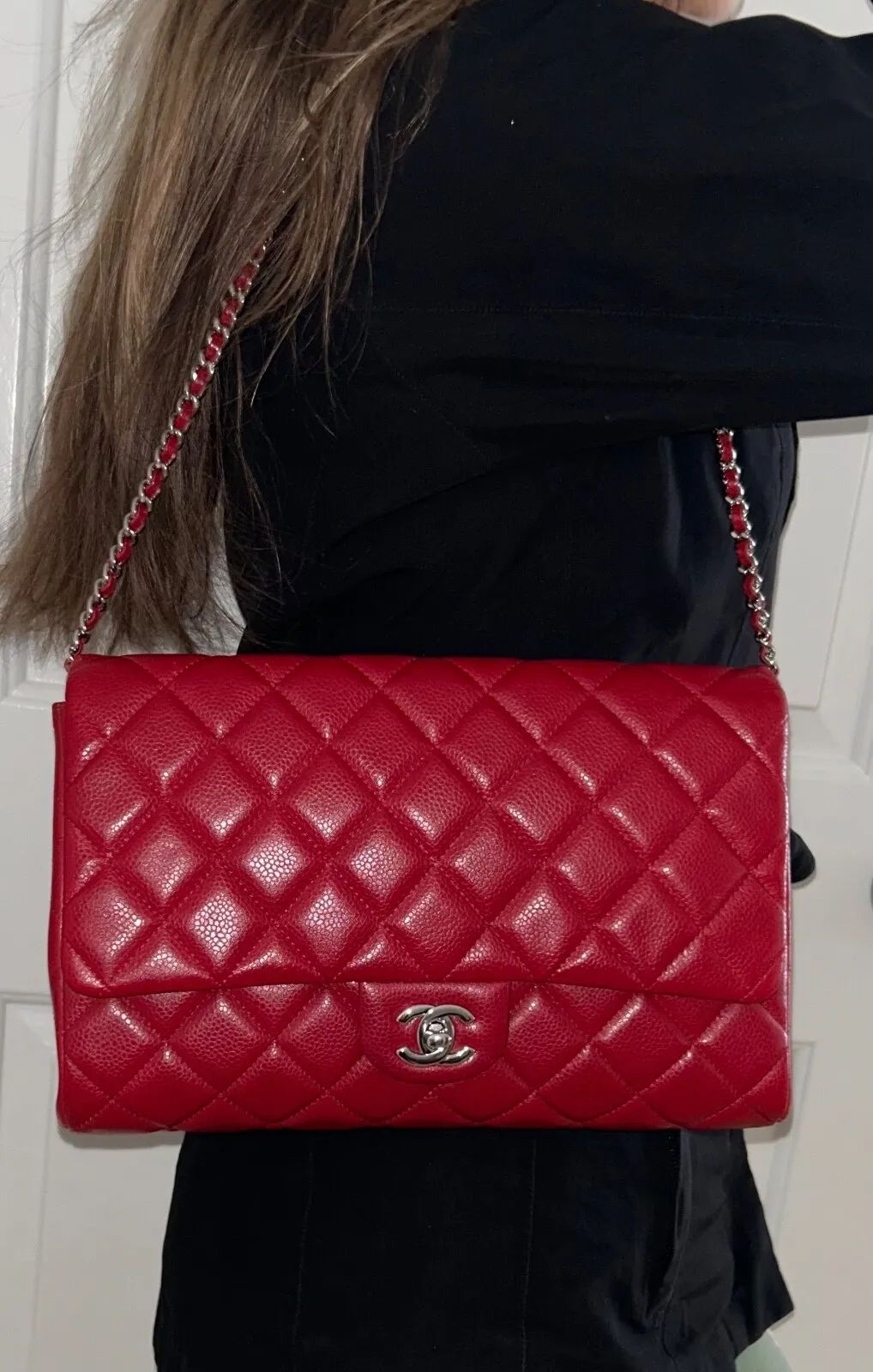 CHANEL Classic CC Quilted Flap Shoulder Bag Caviar Leather Dark Red  | eBay | eBay US