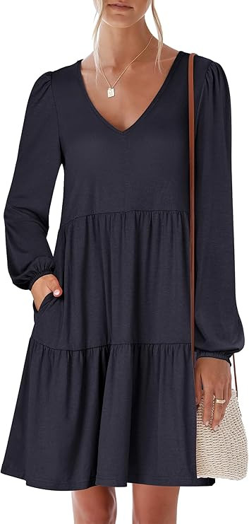 ANRABESS Womens Long Sleeve Dress 2026 Spring Casual V Neck Tiered Flowy Short Dresses Beach Trav... | Amazon (US)
