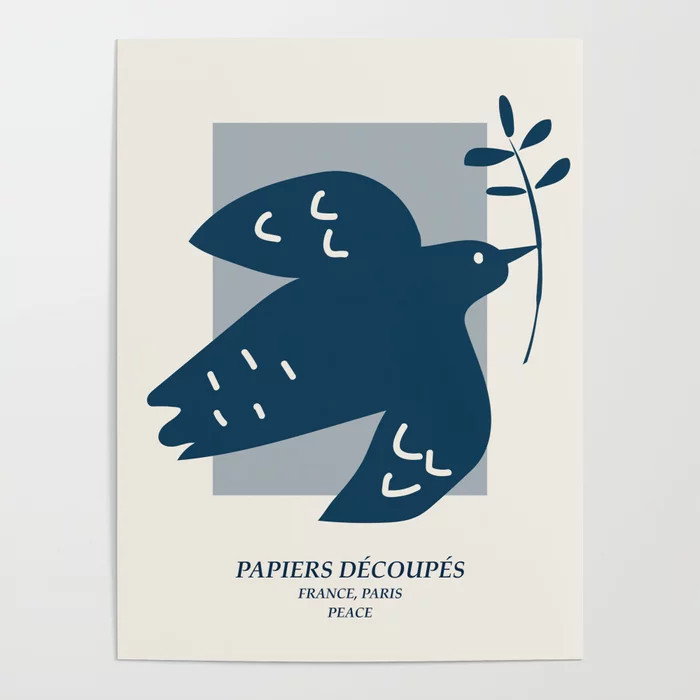 Peace, Dove, Matisse, Picasso style print, Exhibition poster, Mid century modern, Papiers decoupe... | Society6