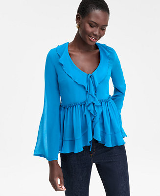 Women's Printed Ruffle-Collar Top, Macy's Exclusive | Macy's