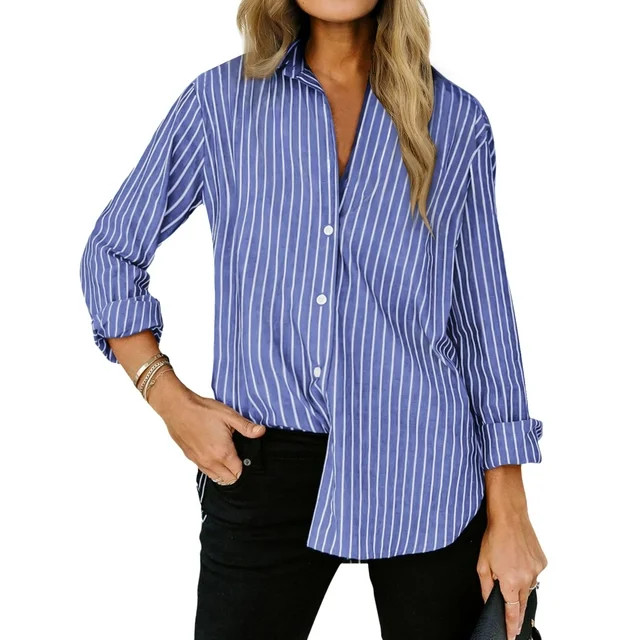 Fantaslook Striped Button Down Shirts for Women Classic Long Sleeve Collared Office Work Blouses ... | Walmart (US)
