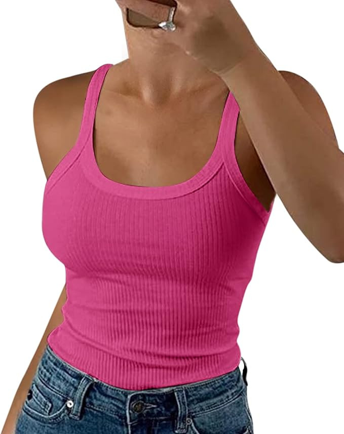Pepochic Women's Scoop Neck Ribbed Tank Tops Workout Sleeveless Summer Casual Fitted Cami Shirt | Amazon (US)