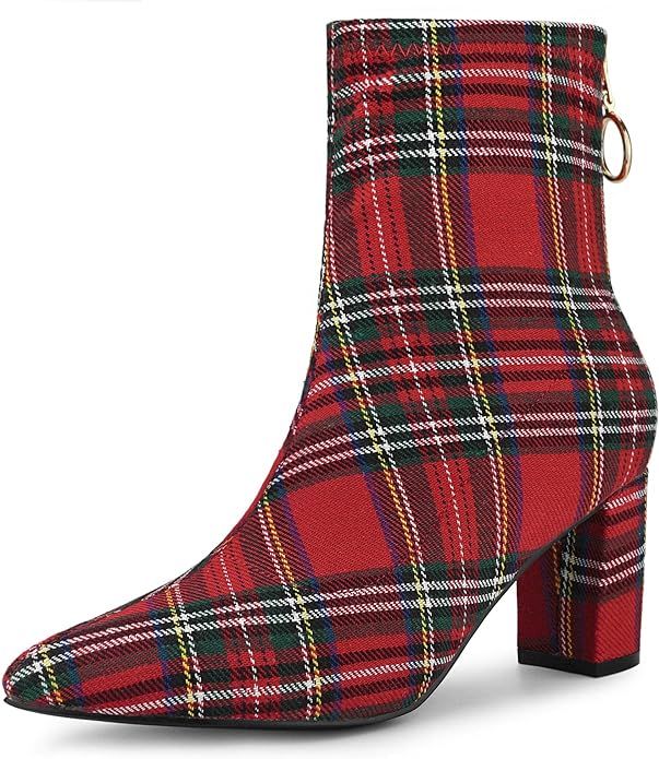 Allegra K Women's Pointed Toe Zipper Chunky Heels Ankle Boots | Amazon (US)