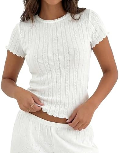 Cioatin Women Cute Y2K Pointelle Knit Crop Tops Short Sleeve Picot Crewneck Tshirt Lettuce Slim F... | Amazon (US)