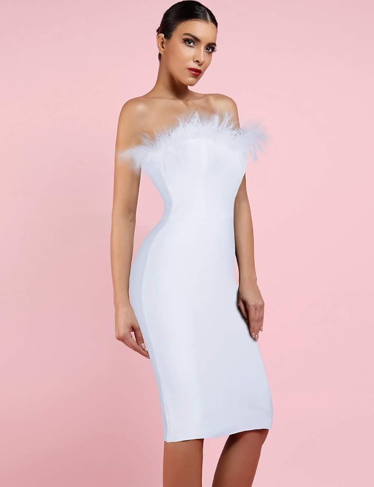whoinshop Women's Sexy Off Shoulder Feather Bandage Evening Club Party Dress | Amazon (US)