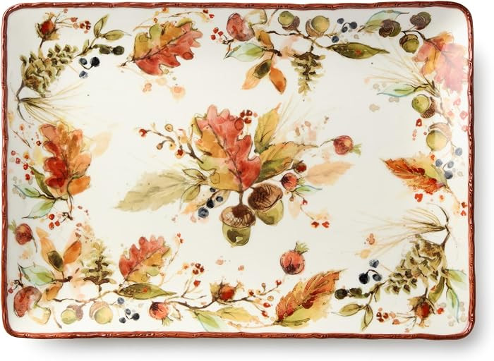 Autumn Meadows RECTANGULAR PLATTER — A refined 14x10-inch stoneware serving surface framed by hand-painted harvest botanicals, bringing structured elegance to every autumn spread. | Amazon (US)