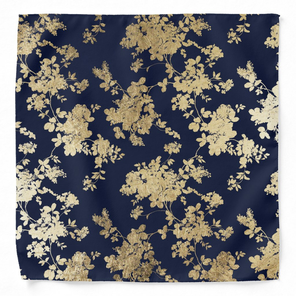 Vintage bohemian navy blue faux gold chic floral bandana | Zazzle