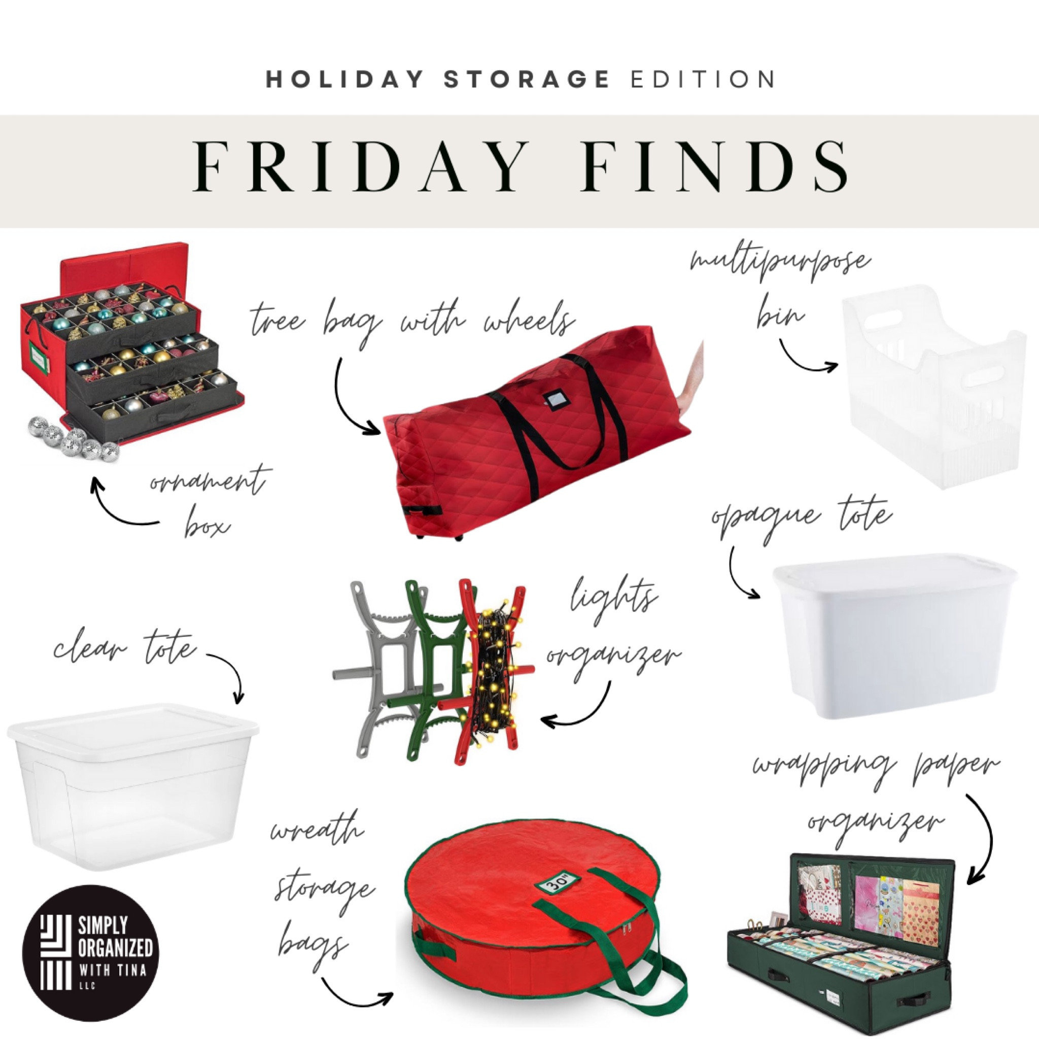 When it's time to put all those holiday decorations, it's also a good time to go through and get rid of anything you haven't used in a few seasons AND organize items to make next year's setup easier. Consider organizing items by room or space. Here are some of our favorite holiday decor storage items:
Multipurpose bin - We love to use these bins to store gift wrap supplies such as bags, tissue paper, and other related items. 
Clear storage tote - These totes are perfect so you can see exactly what's inside, especially if you have multiple holiday totes. 
Opaque storage tote- Use these totes if you want a more uniform appearance or to hide contents of tote
Tree Storage Bag with wheels- This storage bag fits trees up to 9ft; great to lay flat or stand up. Added wheels makes moving around the house a breeze
Ornament Storage - Great to keep fragile ornaments safe in storage; drawers make it easy to access any ornament without having to go through each layer
Lights Organizer- Keep your lights tangle-free with these light organizers; easy to store in a tote or hang up in the garage
Gift wrap organizer- Keep gift wrap supplies separated while making each category easily accessible; organizer stores upright in a closet or under the bed. 

#LTKhome #LTKSeasonal #LTKHoliday