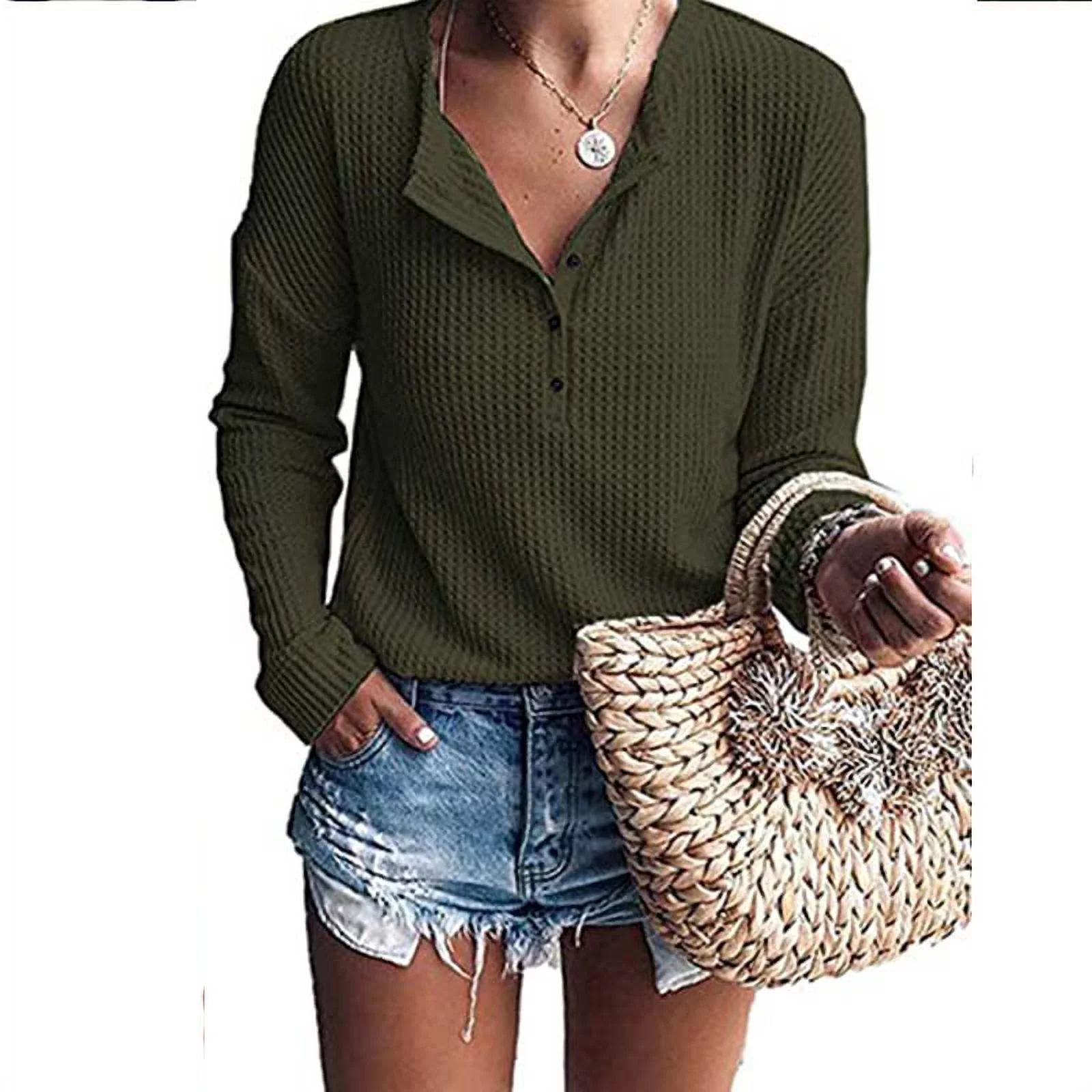 Women's Waffle Knit Tunic Tops Loose Long Sleeve Button Up V Neck Henley Shirts - Walmart.com | Walmart (US)