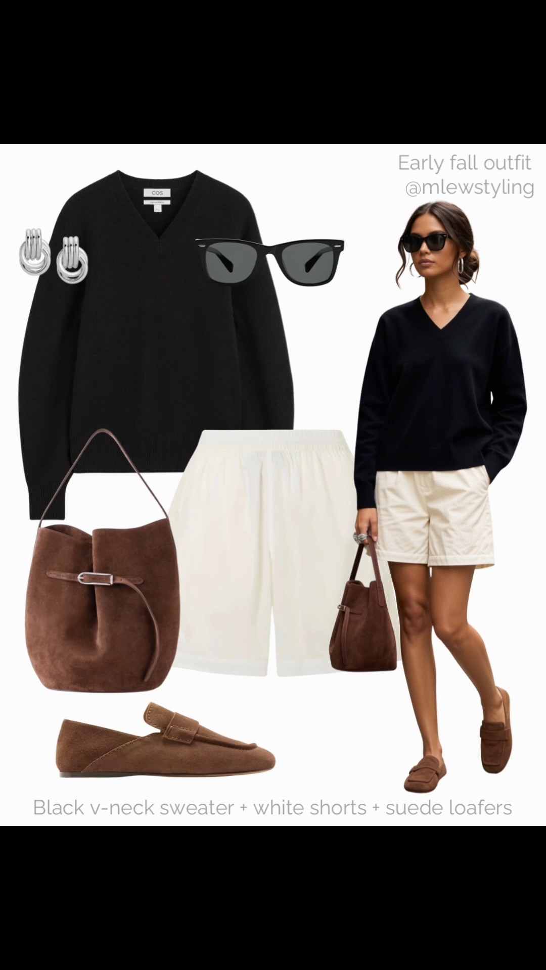 Black v-neck sweater + white shorts + suede loafers 🤎

Tags: late summer outfit, early fall transitional look, adidas shorts, brown suede loafers, liffner handbag, wayfarer sunglasses, revolve silver earrings, outfit formulas, capsule wardrobe

#LTKfall #LTKstyletip #LTKshoes