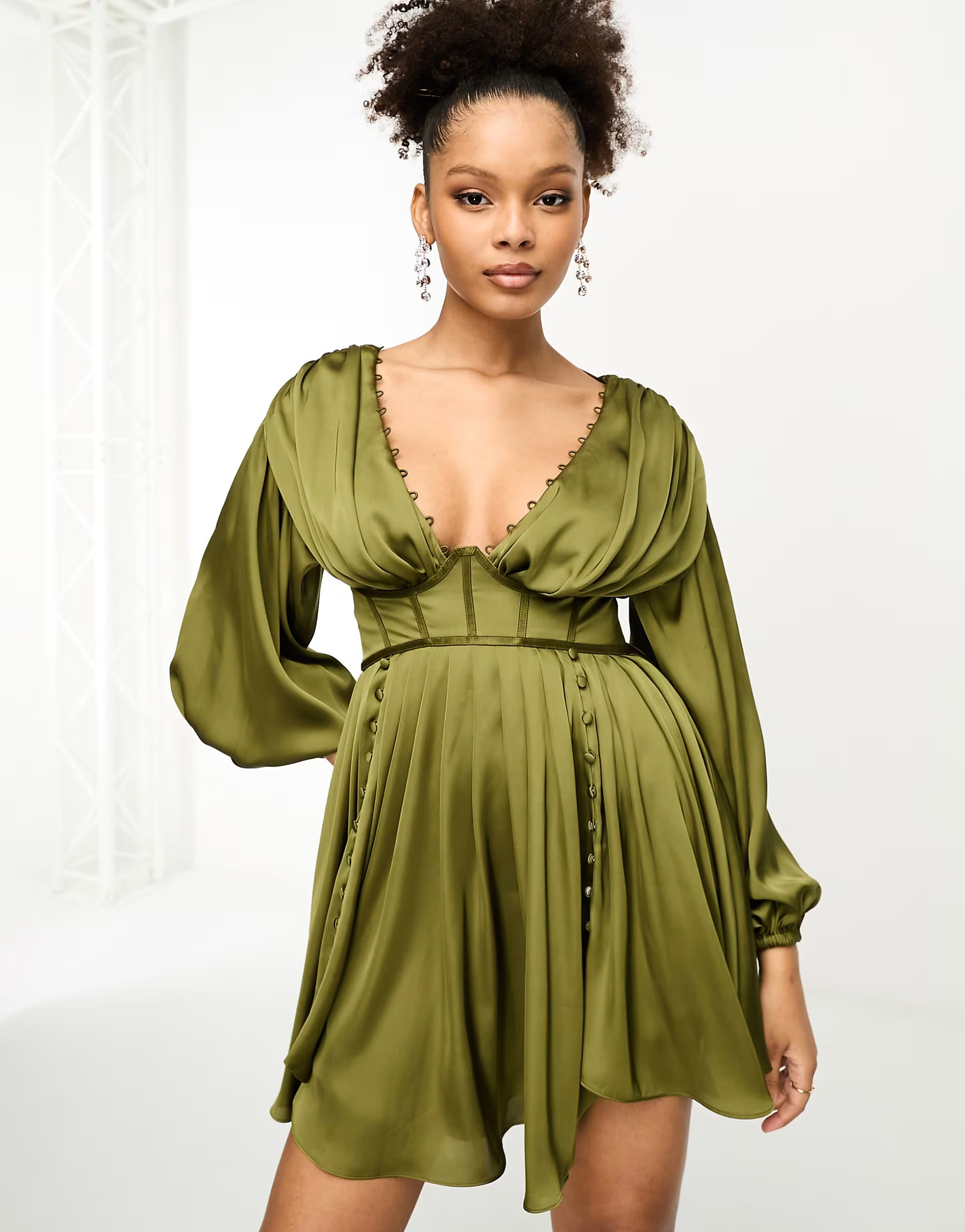 ASOS DESIGN long sleeve satin corset mini dress with skater skirt in khaki | ASOS (Global)