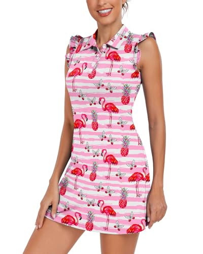 Soneven Women's Tennis Golf Dress with Shorts Button Down Ruffles Sleeveless Athletic Polo Dresses for Women with Pockets(133-Flamingo, X-Large) | Amazon (US)