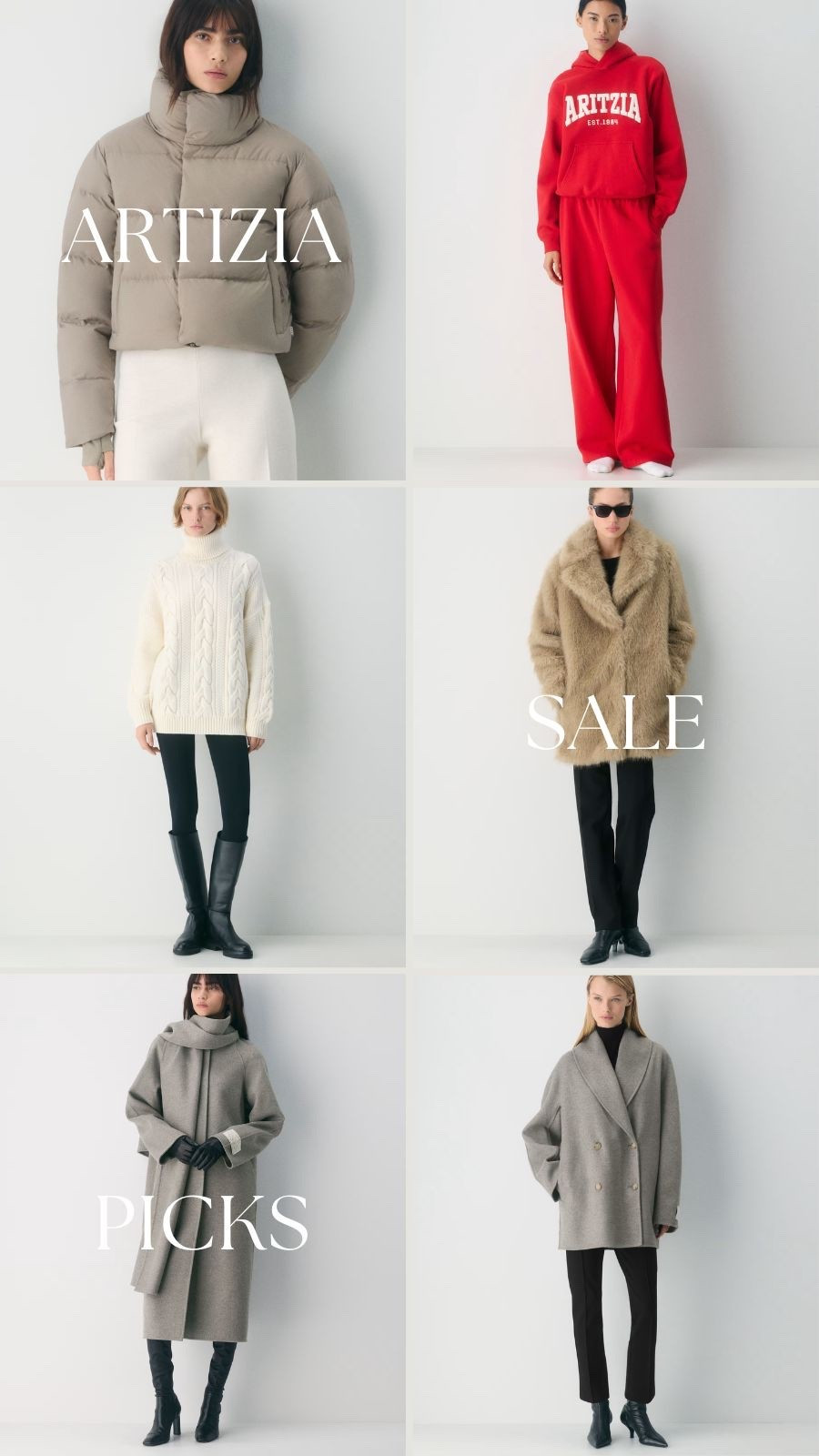 Aritzia winter sale
Save 20-50% off winter coats, lounge sets, puffer vests, puffer coats and winter staples 



#LTKSeasonal #LTKFindsUnder100 #LTKSaleAlert