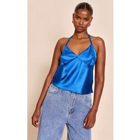 Cobalt Satin Halter Neck Top | PrettyLittleThing US