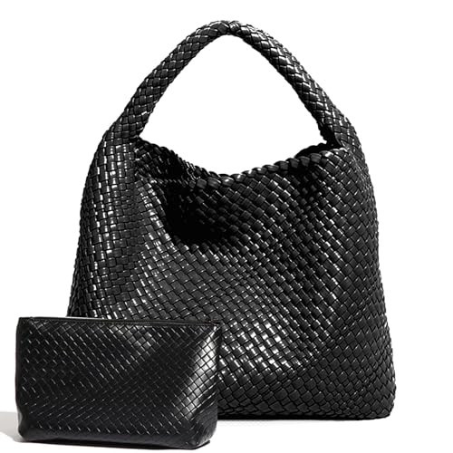 2026 Woven Leather Tote Bag with Purse, Extra Large Capacity Vegan Leather Tote Bag Women Weekender Bag Shopper Handbag Travel Shoulder Bag (Black) | Amazon (US)