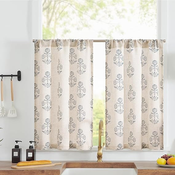 jinchan Linen Kitchen Curtains 24 Inch Floral Tier Curtains Farmhouse Cottage Core Flax Cafe Curt... | Amazon (US)