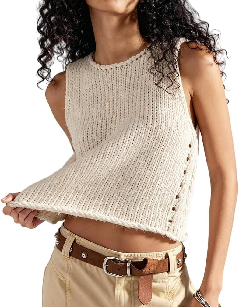 Women Trendy Crew Neck Crochet Knit Crop Tank Vest Casual Solid Sleeveless Chunky Pullover Cropped Sweater Tops | Amazon (US)
