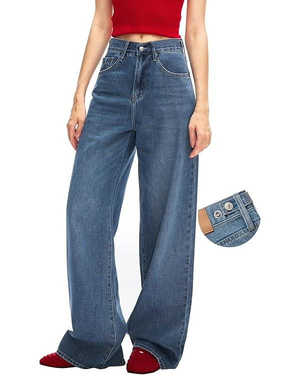 Women's Adjustable Wasit Baggy Jeans with Snap-Button Waistband Wide Straight Leg High Rise Jeans... | Amazon (US)