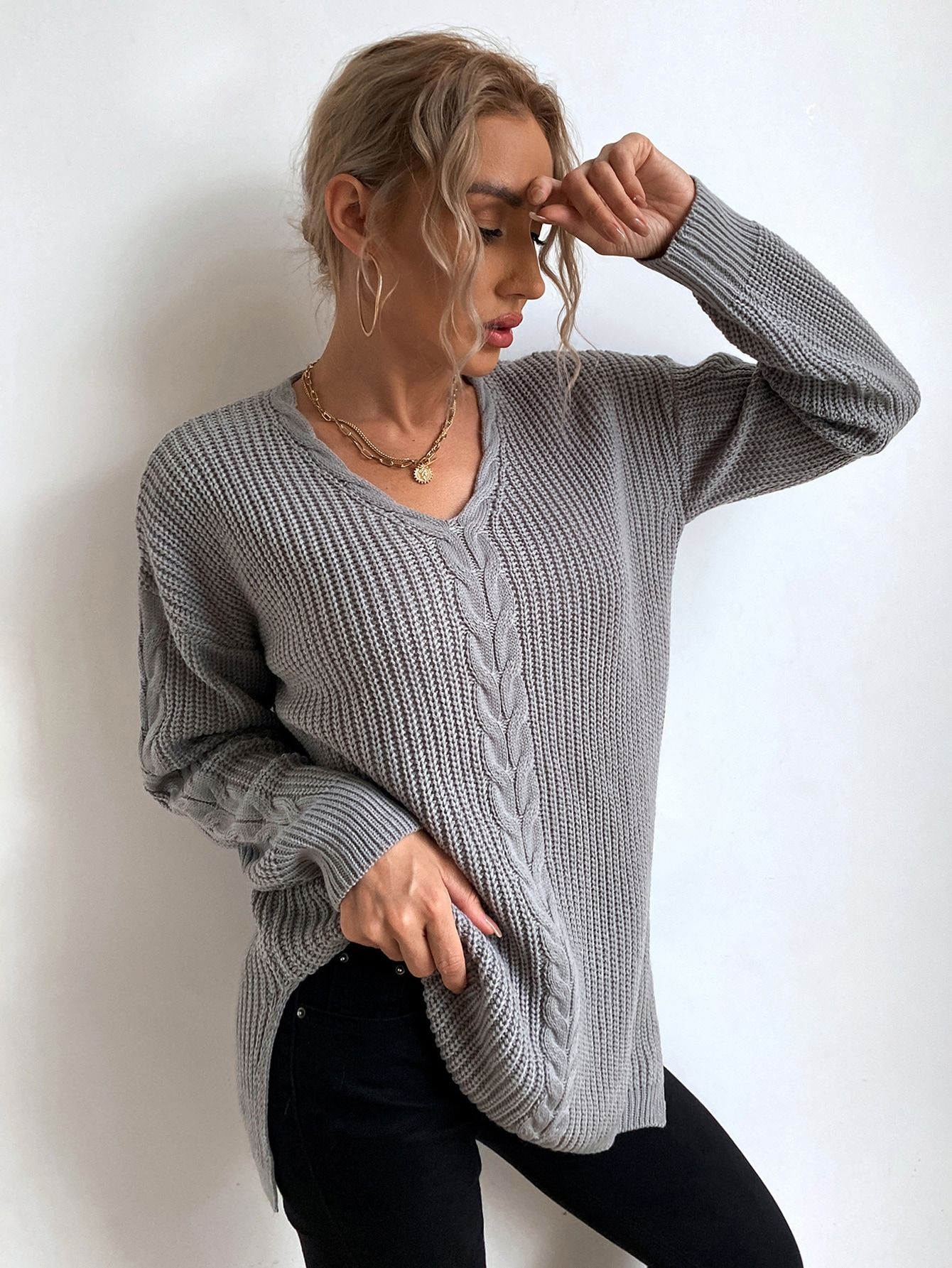 Drop Shoulder Cable Knit Sweater | SHEIN