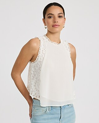 Sheer Lace Back Pleated Front Crew Neck Tank | Express