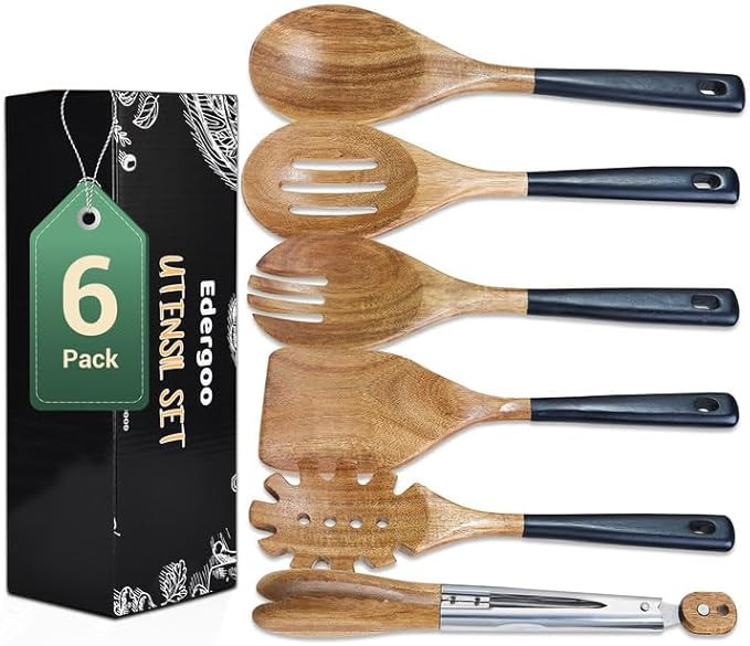 Edergoo Wood Cooking Utensils Set, 6 PCS Wooden Spoons for Cooking Includes Stainless/Wood Kitche... | Amazon (US)
