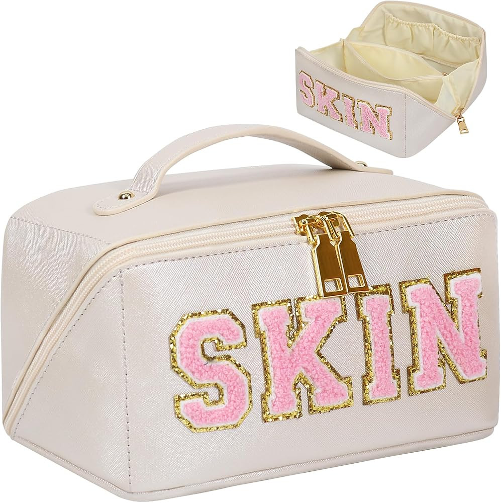 Large Capacity Skincare Bag, Chenille Letter Preppy Makeup Bag, PU Leather Large Capacity Travel ... | Amazon (US)